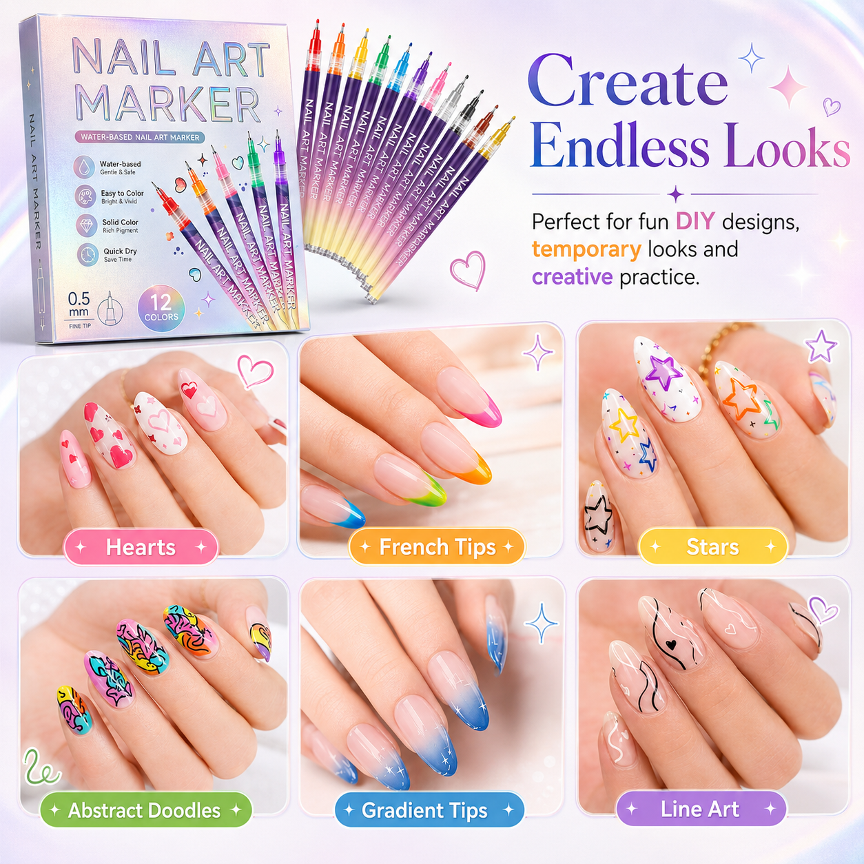 12-Color Nail Art Marker Set-Quick-Drying Acrylic Pens for DIY Manicures & Easy 3D Designs, Ideal for Beginners Nail Art Kit