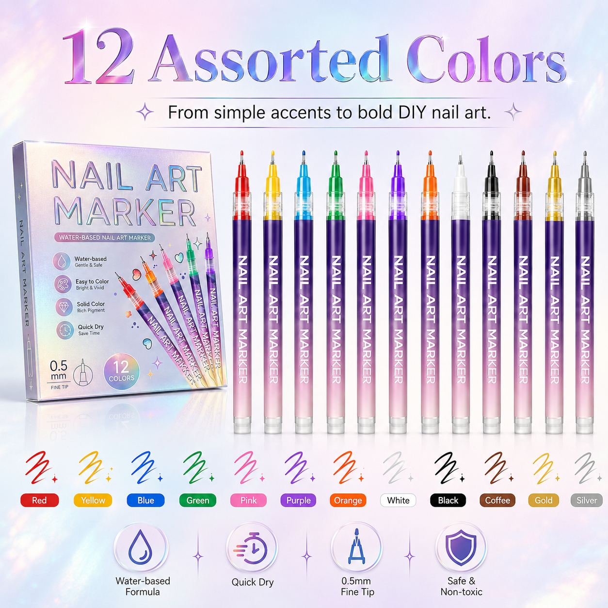 12-Color Nail Art Marker Set-Quick-Drying Acrylic Pens for DIY Manicures & Easy 3D Designs, Ideal for Beginners Nail Art Kit