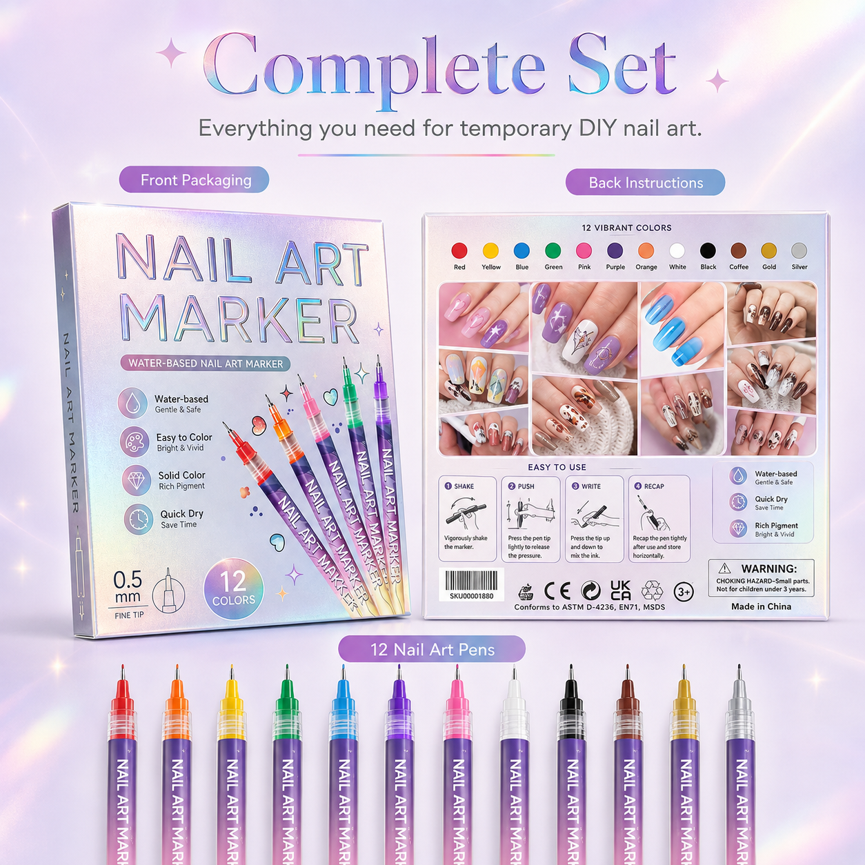 12-Color Nail Art Marker Set-Quick-Drying Acrylic Pens for DIY Manicures & Easy 3D Designs, Ideal for Beginners Nail Art Kit