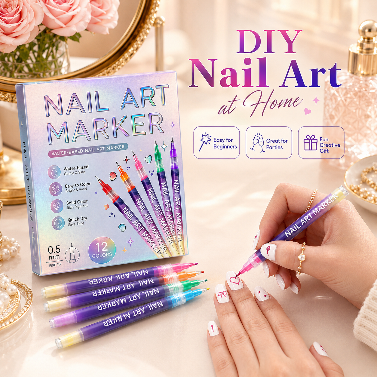 12-Color Nail Art Marker Set-Quick-Drying Acrylic Pens for DIY Manicures & Easy 3D Designs, Ideal for Beginners Nail Art Kit